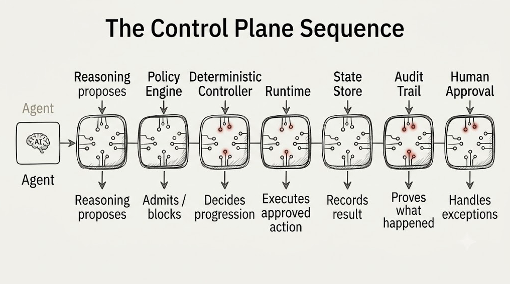 Control plane architecture: reasoning proposes, policy admits, deterministic controller decides, runtime executes, state store records, audit proves